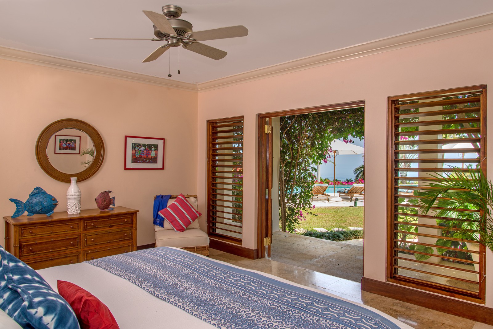 Sugar Hill villa large double bed facing open doors