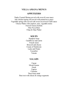 Villa Amana Appetizers, Soups and Salads