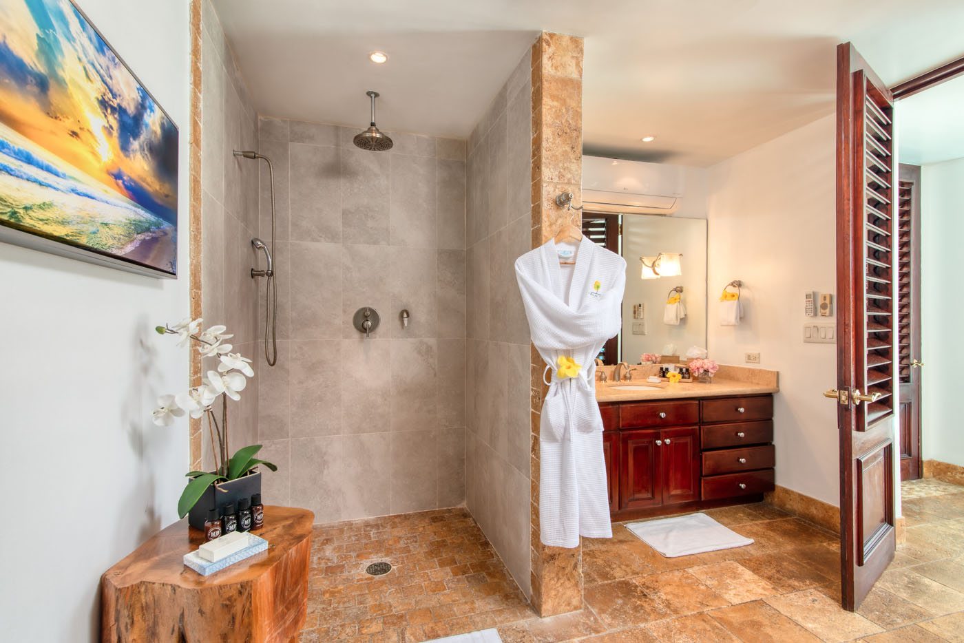 Trinity Villa shower with white dressing gown