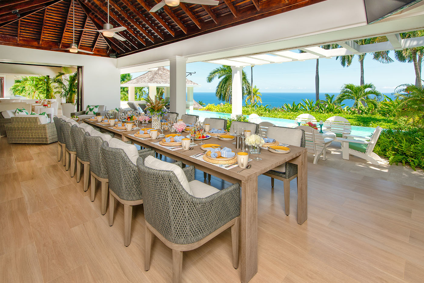 Trinity Villa dining table looking out over the Caribbean Sea